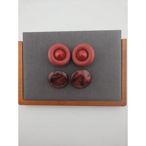 Red Round Clip On Statement Earrings 2 Pairs Oversized Retro Mod Swirl Bold